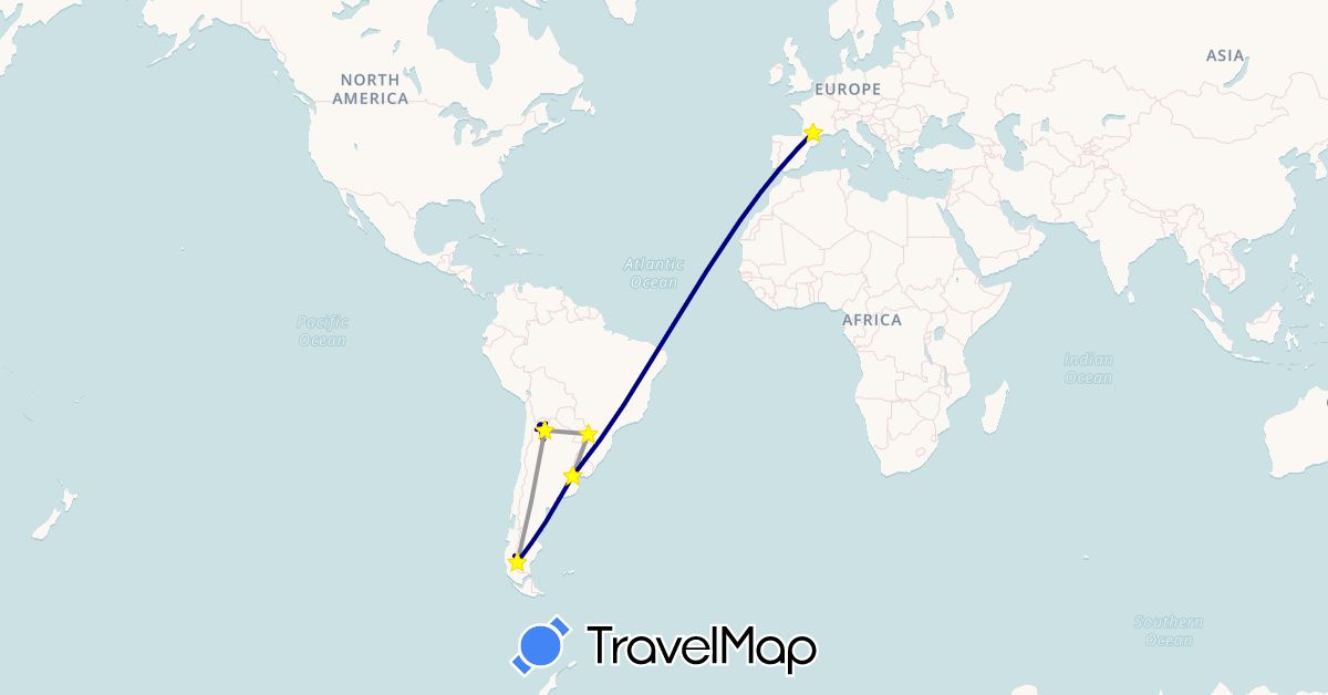 TravelMap itinerary: driving, plane in Argentina, France (Europe, South America)
